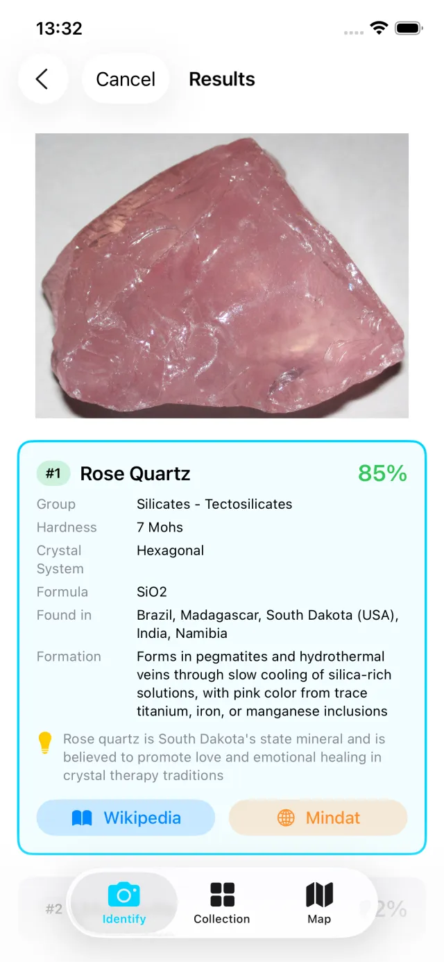 Detailed mineral data for Rose Quartz showing hardness, crystal system, formation, and more