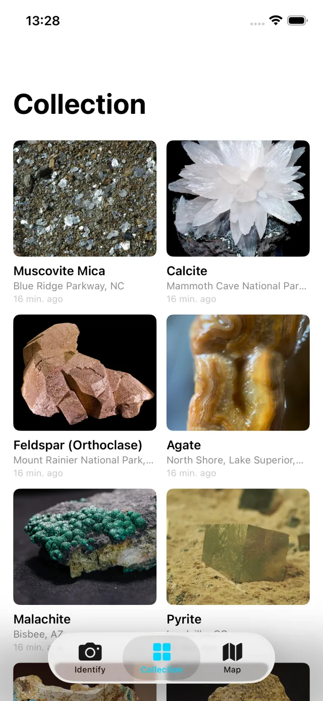 Collection grid showing identified rocks with names and locations