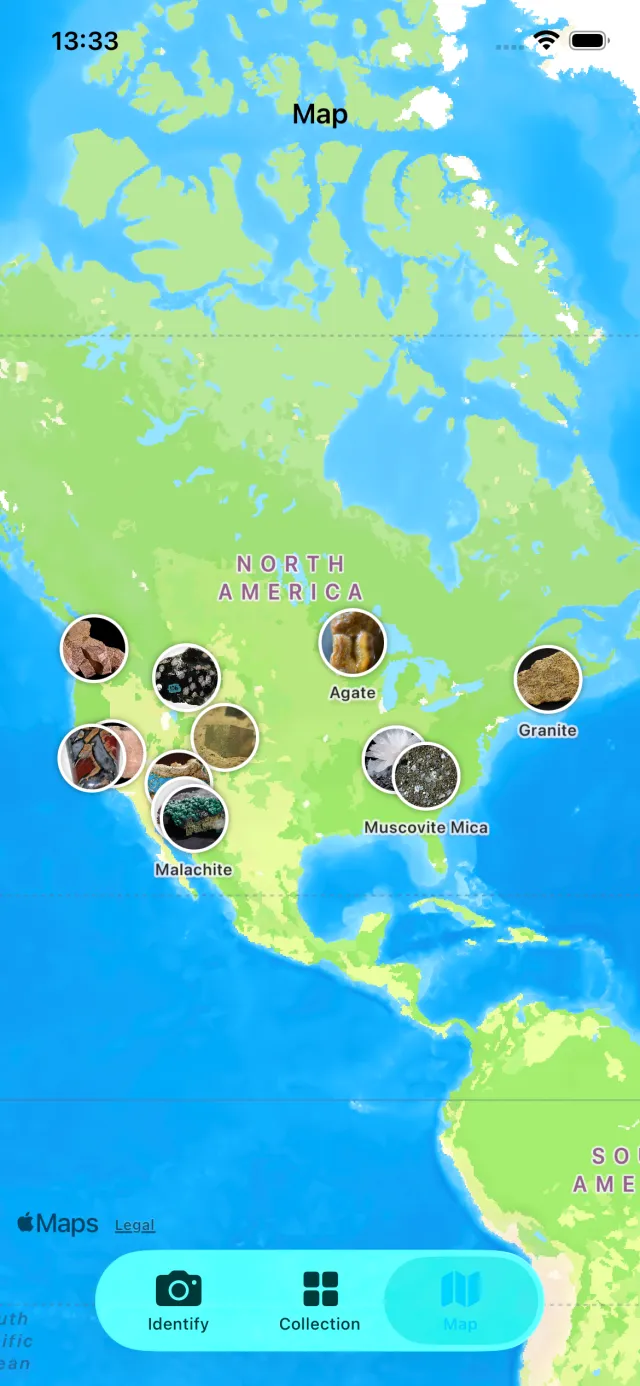 Map view showing rock collection pins across locations