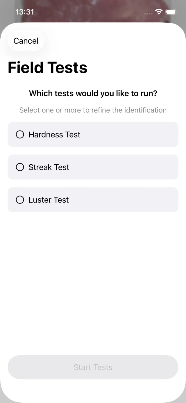 Field test selection screen with hardness, streak, and luster tests